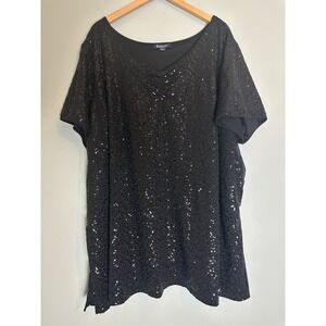 Roaman's Black Sequin Short Sleeve Tunic Top Plus Size 32W Glam Party Holiday